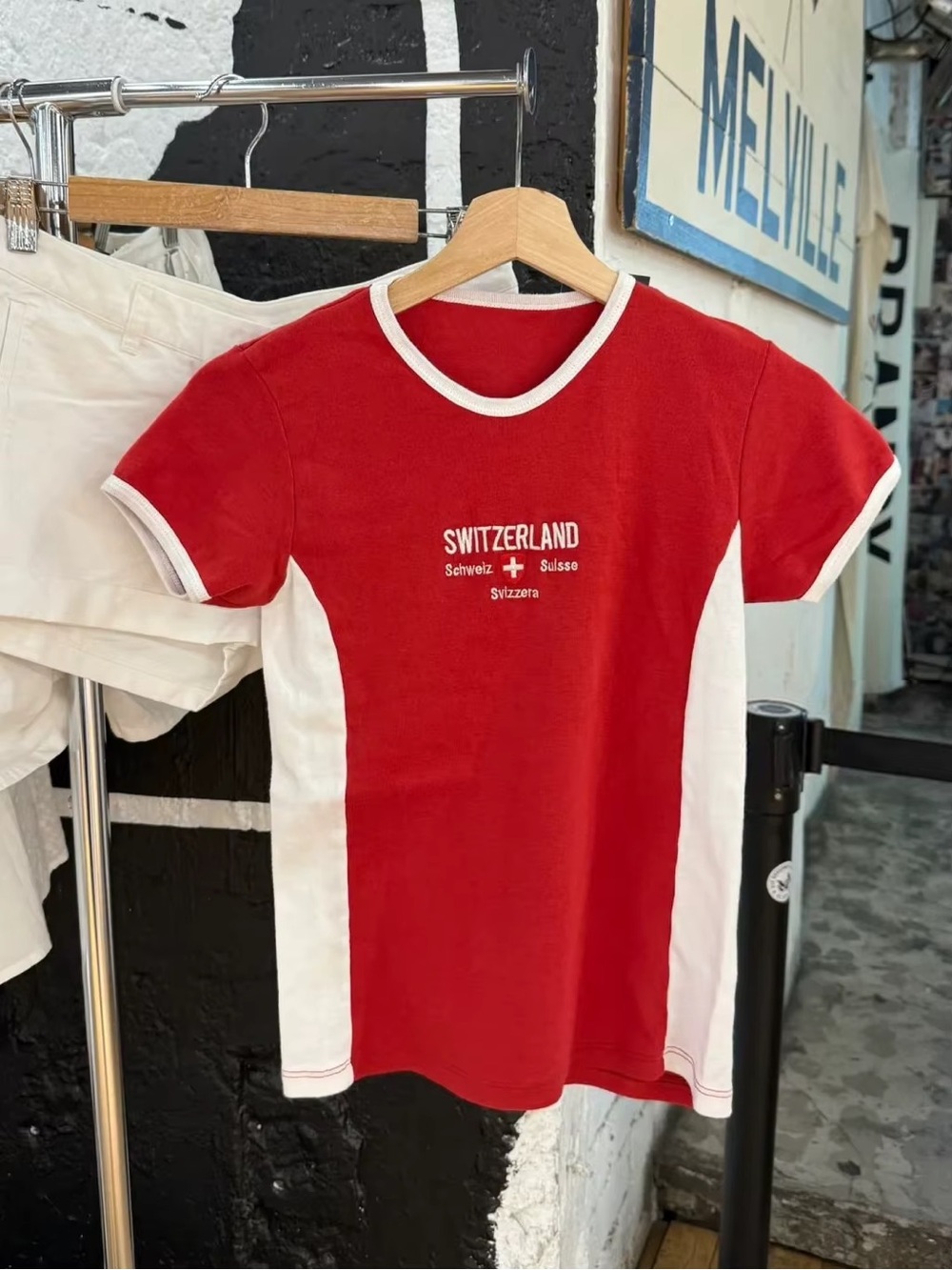Brandy Melville Red & White "Switzerland" Short Sleeve Tee